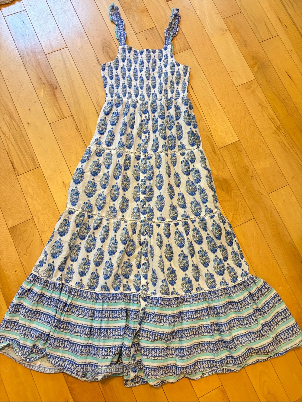 Playa Lucila Smock Border Dress Blue White Floral Print Maxi size small - Picture 2 of 9